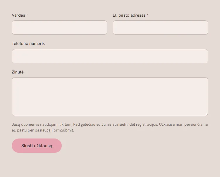Registracijos forma Muzikos terapijos svetainėje